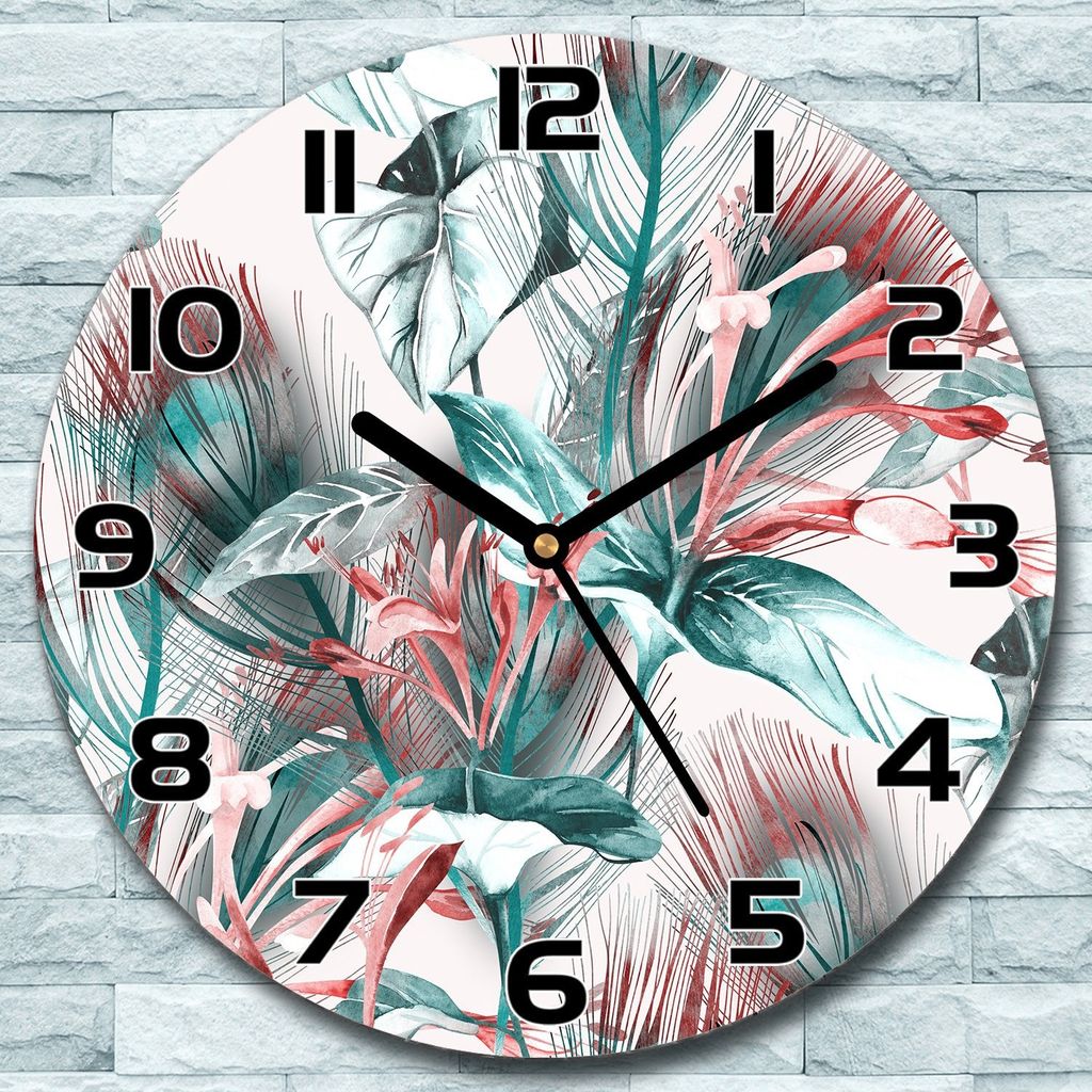 Wanduhr aus Glas Rund fi 30 Tropisch Blumen Quarz Deko Schlafzimmer Büro