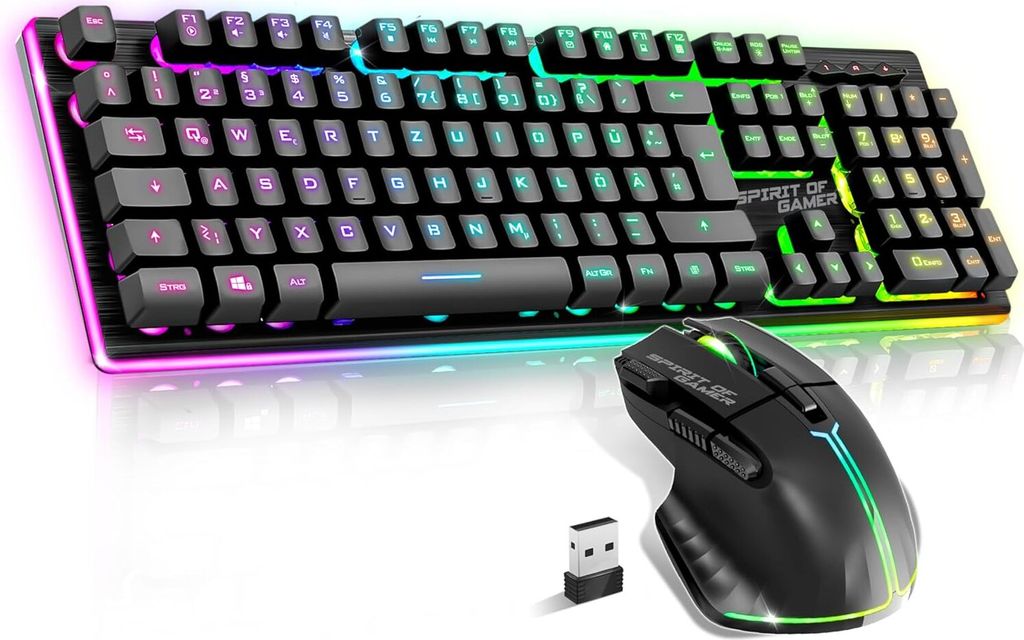 Gaming Tastatur Maus Set Kabellos Schwarz Wiederaufladbar RGB | Layout QWERTZ Deutsch | Keyboard Semi Mechanisch | 4800 DPI Wireless Mouse | Für PS5