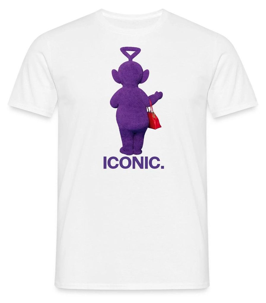 Spreadshirt Teletubbies Iconic-Design Tinky Winky & Handtasche Männer T-Shirt, S, Weiß
