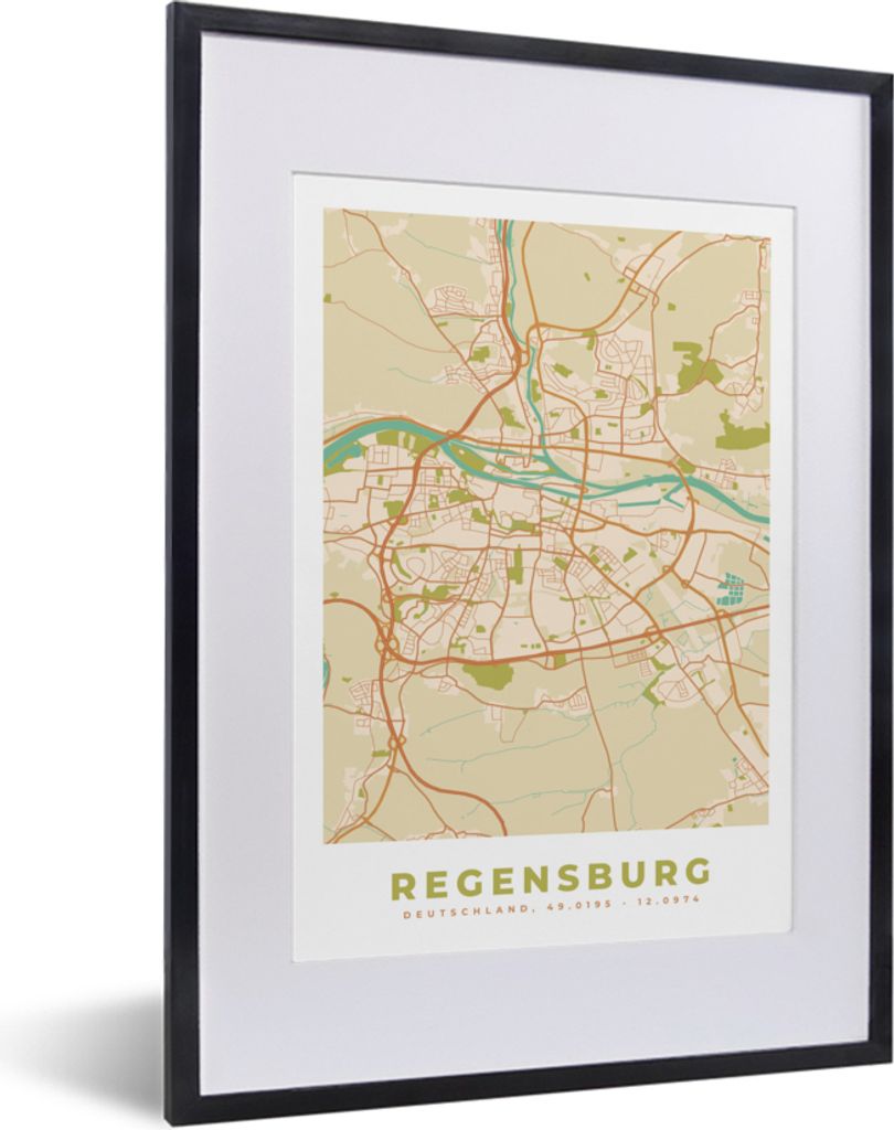 MuchoWow Gerahmtes Poster Regensburg - Karte - Vintage - Stadtplan 30x40 cm - Poster mit Schwarzem Bilderrahmen Wandposter Rahmen Foto Bilder - W...
