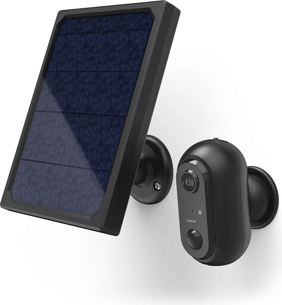 A black outdoor security camera and its solar panel charger are shown against a white background.