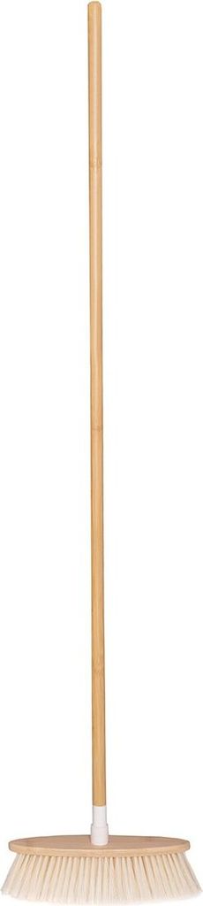 A broom with a wooden handle and white bristles is shown against a white background.