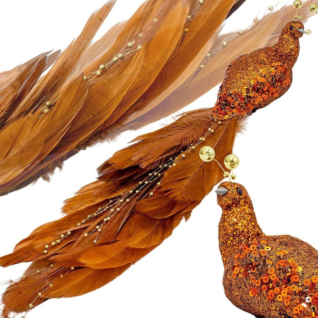 Dekovogel mit Clip 38 cm Braun Kupfer – Weihnachtsbaum Schmuck mit echten Federn, eleganter Vogel zur Befestigung – Home & Styling Collection