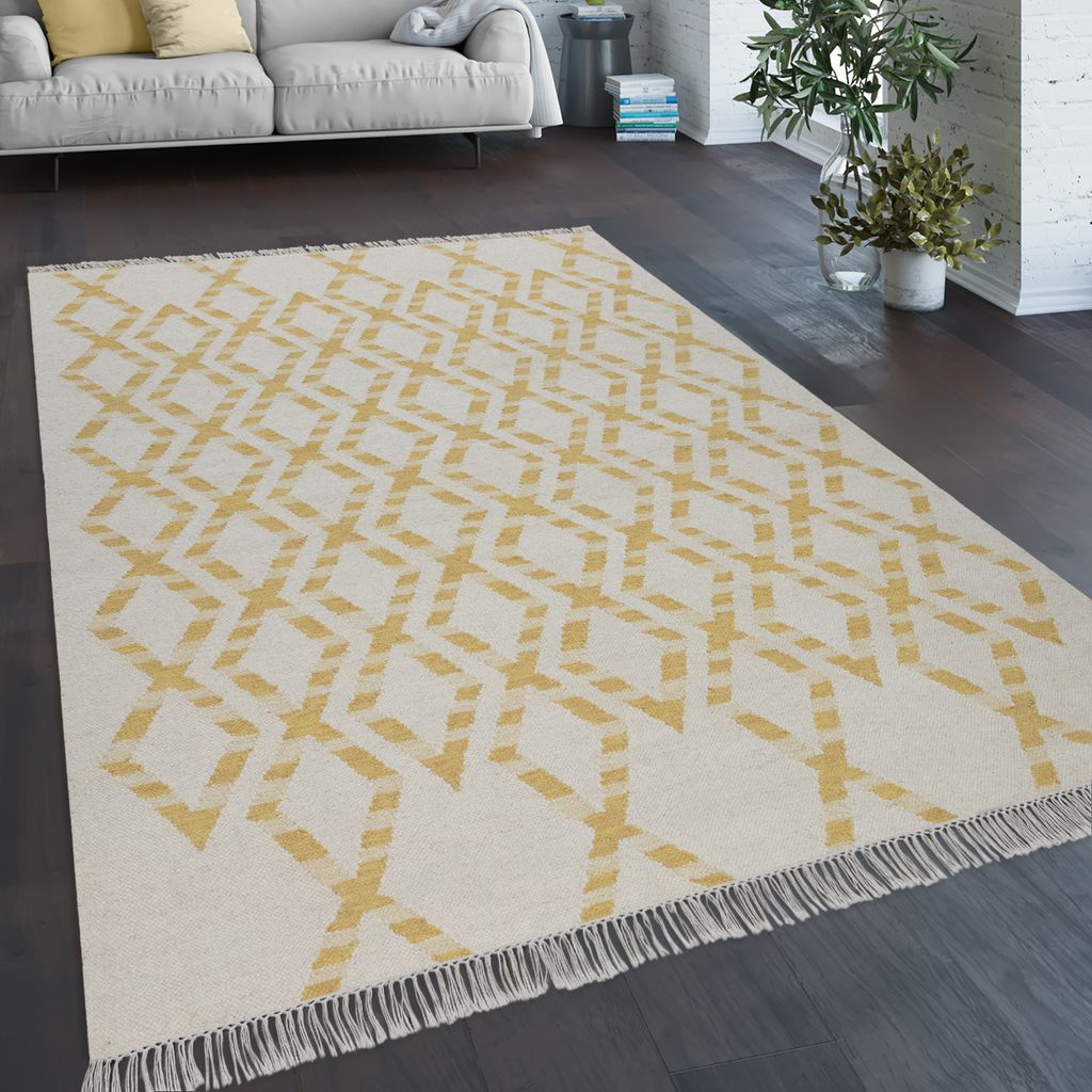 Teppich Wohnzimmer Boho Stil Fransen Handgewebt Woll-Baumwoll Gemisch Gelb Creme Grösse 140x200 cm