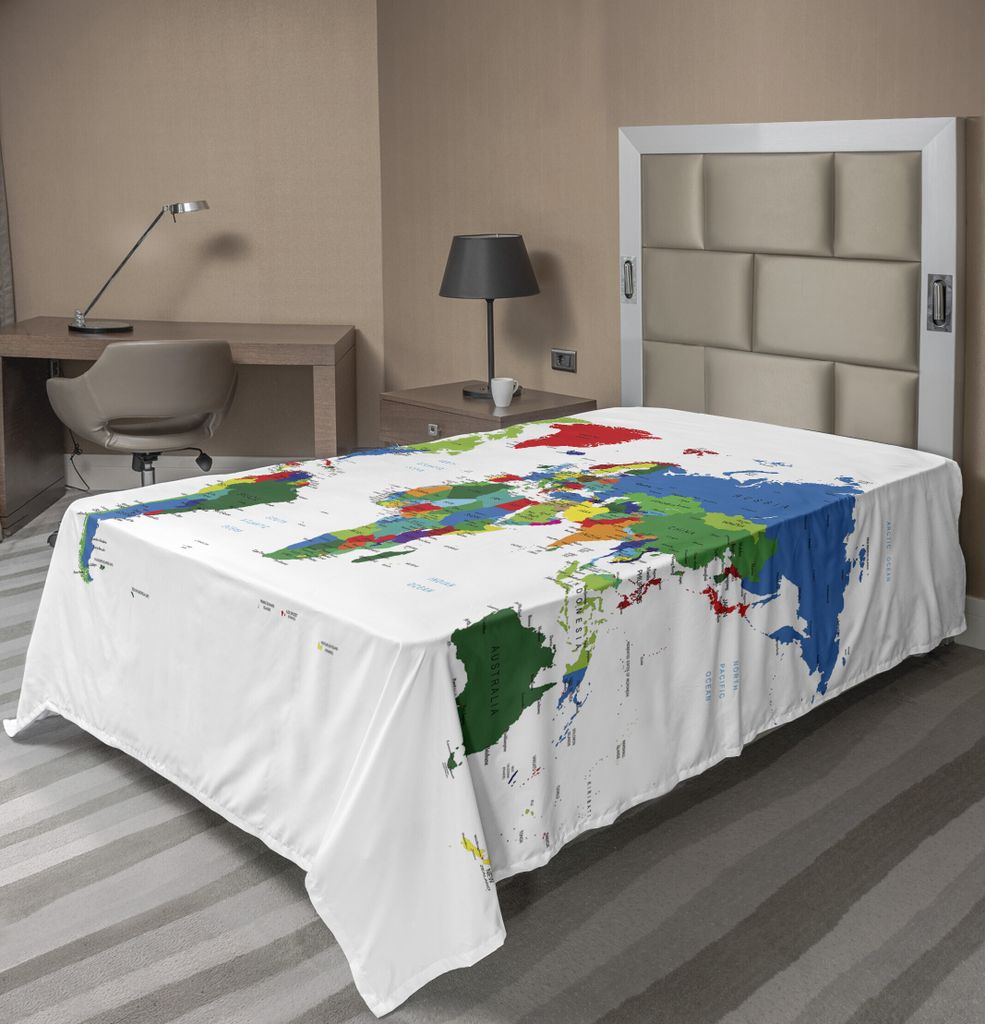 ABAKUHAUS Weltkarte Bettlaken, Bunte politische Landkarte Grenzen zwischen Ländern verschiedener Nationen und Kulturen, weiches bequemes oberes Be...