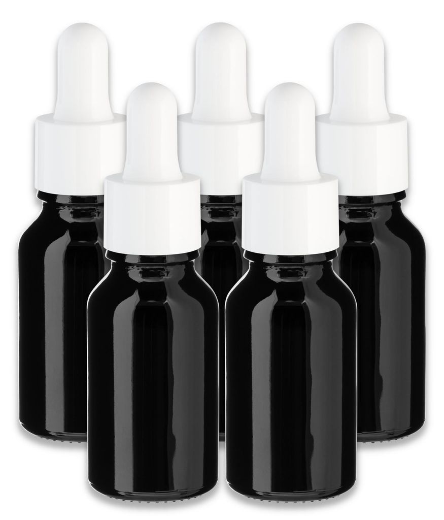 5x Schwarze Glasflasche 15 ml mit weißer Pipette – Tropfflasche