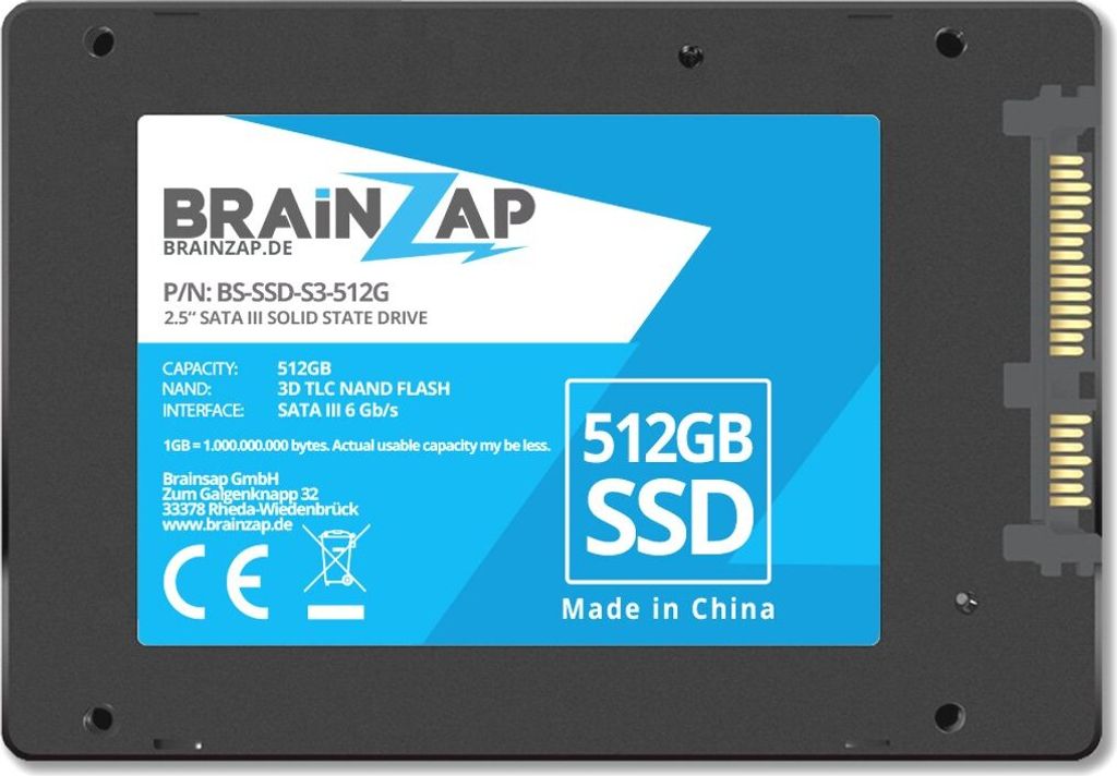BRAINZAP 512GB SATA III 2.5 Zoll SSD 6 GBit/s - 550MB/s Lesen 500MB/s Schreiben Solid State Drive