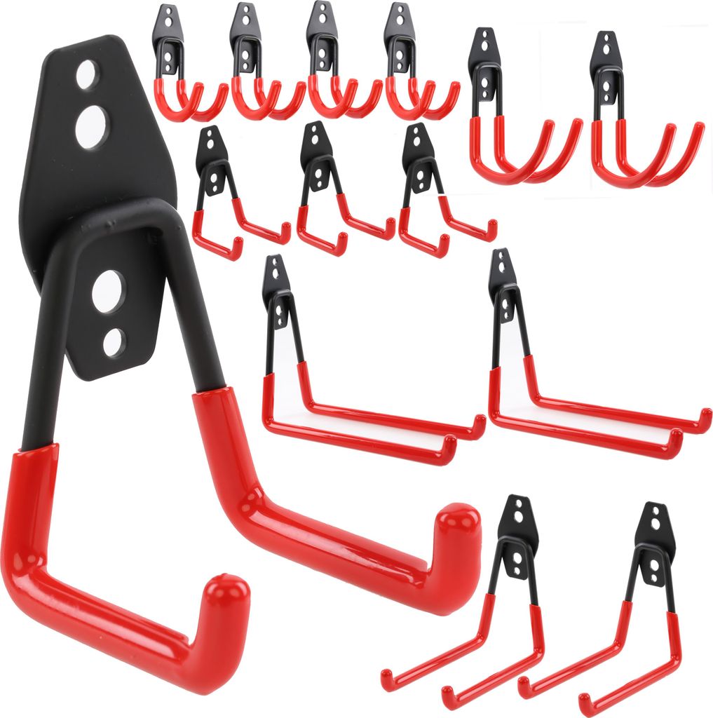 Set 14 Stck. Wandhaken von BOTLE, Werkzeughaken, "Gerade und U-förmig" S, M, L Grosse, Stahl mit PVC, für Garage, Werkstatt, Elektrowerkzeuge, Do...