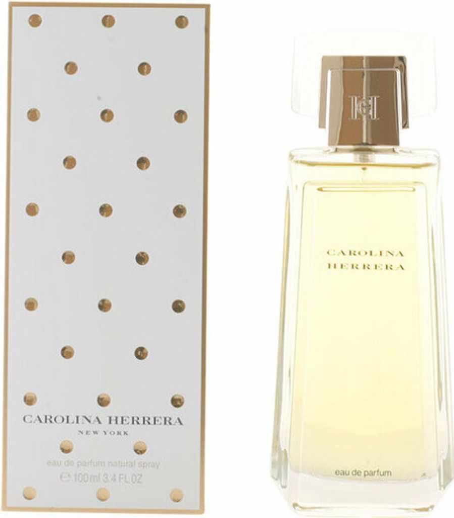 A perfume bottle and its packaging are displayed side-by-side against a white background.