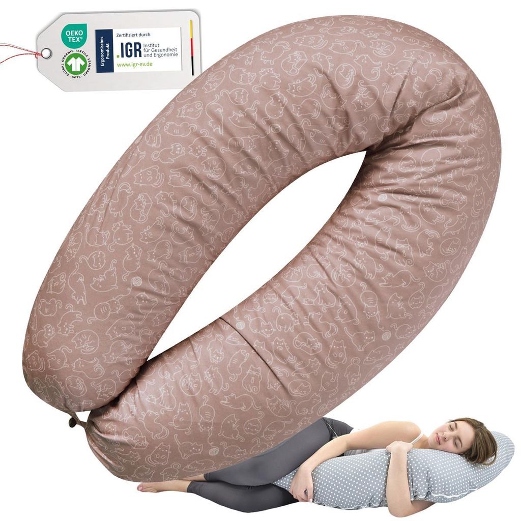 Stillkissen XXL 190x30 Baumwoll-Bezug Katzen-Design, Füllung Mikroperlen, Seitenschläfekissen Mocca