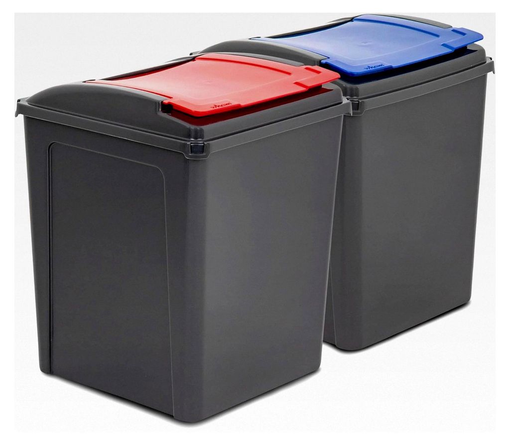 2x 50L Mülltonne Schwarz-Blau-Rot, Mülleimer Küche mit 2 Fächern, Mülltrennsystem