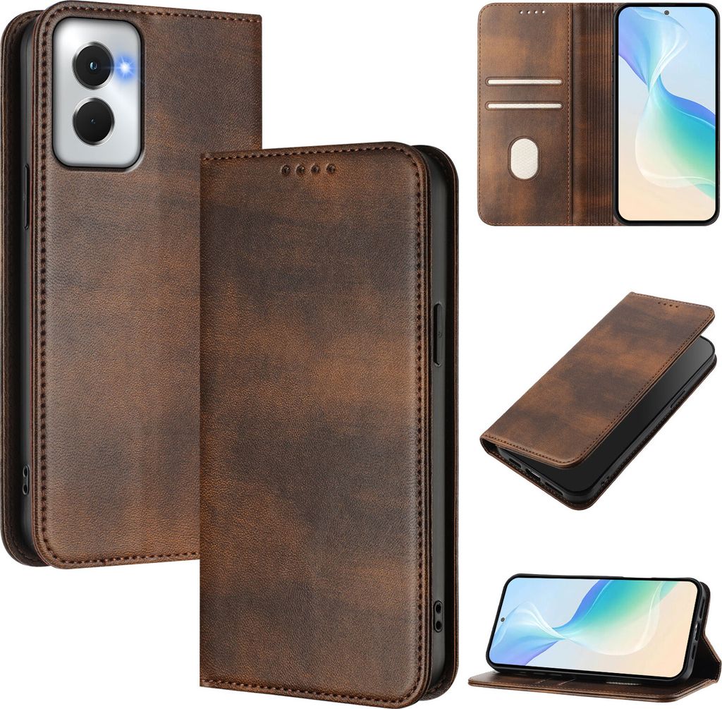 Handyhülle für Motorola Moto G Power 2024 5G, Vintage Leder RFID Schutz Kartenfach Standfunktion Magnetische Klapphülle Braun