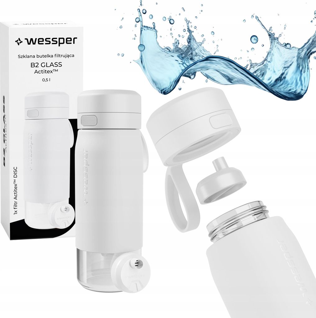Glasflasche Wessper 500ml, Silikonhülle Wasserfilter Verschluss BPA-frei, weiB
