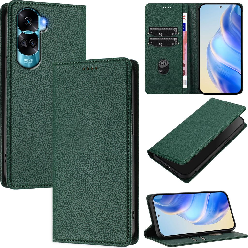 Litchi Leder Handyhülle für Honor 90 Lite Wallet Kartenfächer Standfunktion Hülle Grün