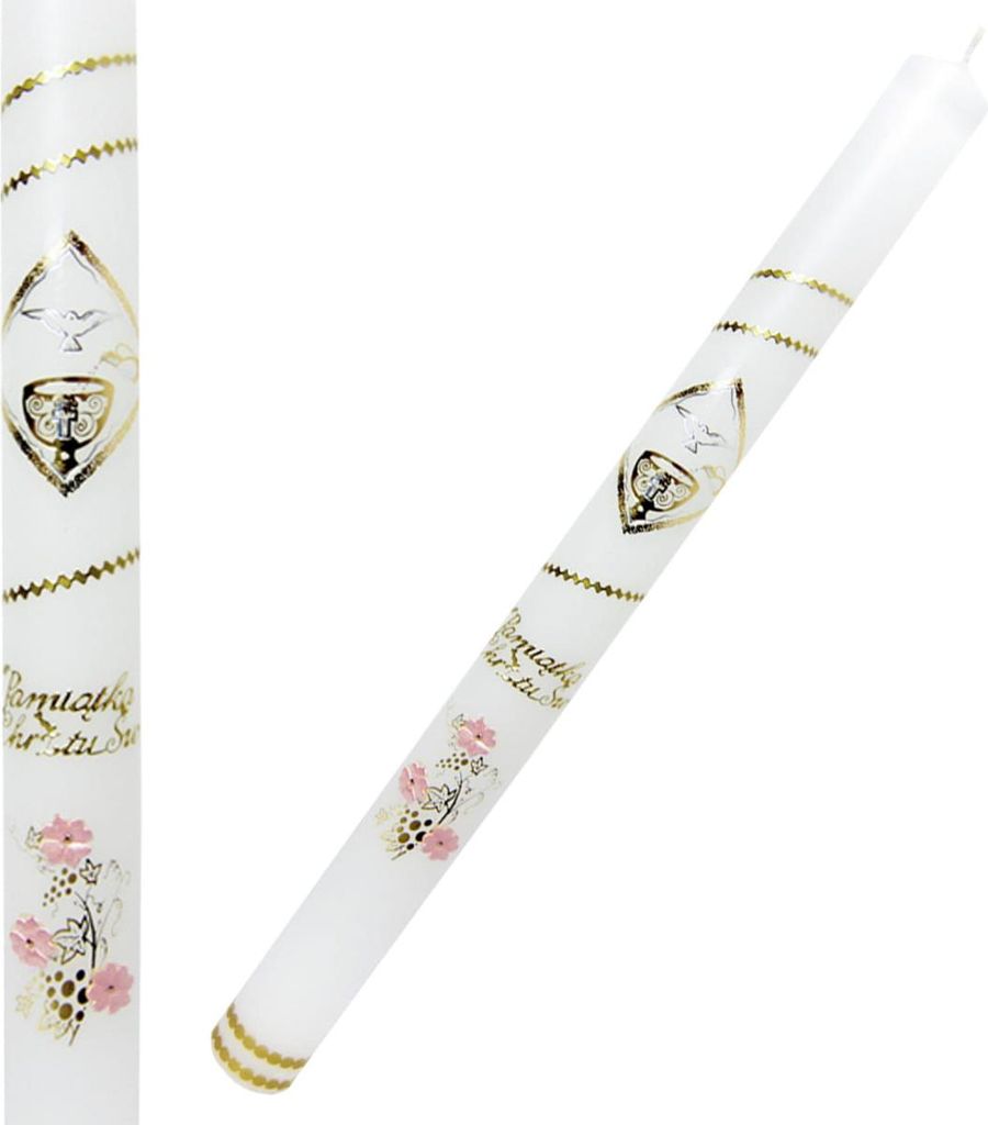 Taufkerze, weiß, glatt, mit rosa und goldenen Verzierungen - Taufbecken
