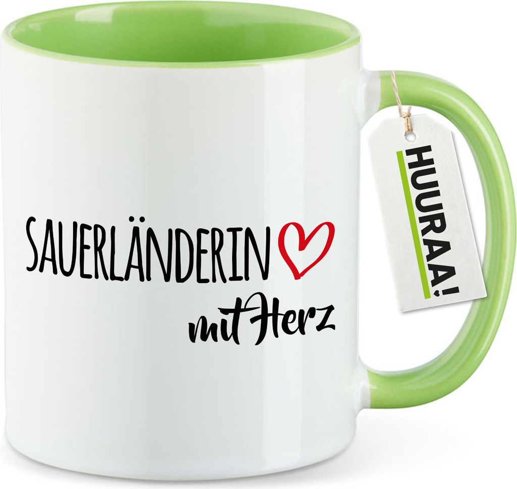 Huuraa Kaffeetasse Sauerländerin mit Herz 330ml Grün Keramik Kaffeebecher Geschenkidee