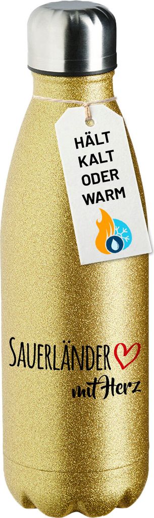 Huuraa Trinkflasche Sauerländer mit Herz 500ml Gold Edelstahl Wasserflasche Trinkflasche Geschenkidee