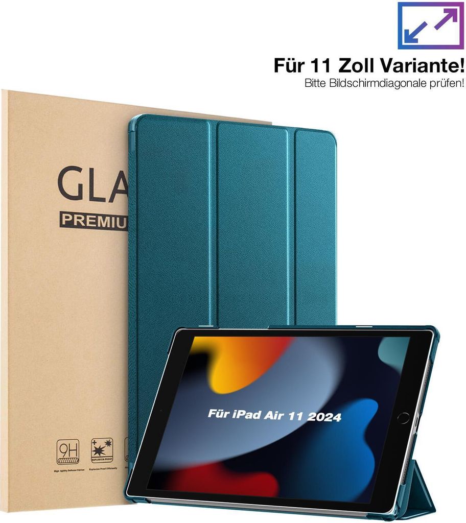 Schutzhülle + 2x 9H Display Glas für Apple iPad Air 6. Gen 11.0 Zoll Cover Case Schutz Tablet Farbe: Blaugrün