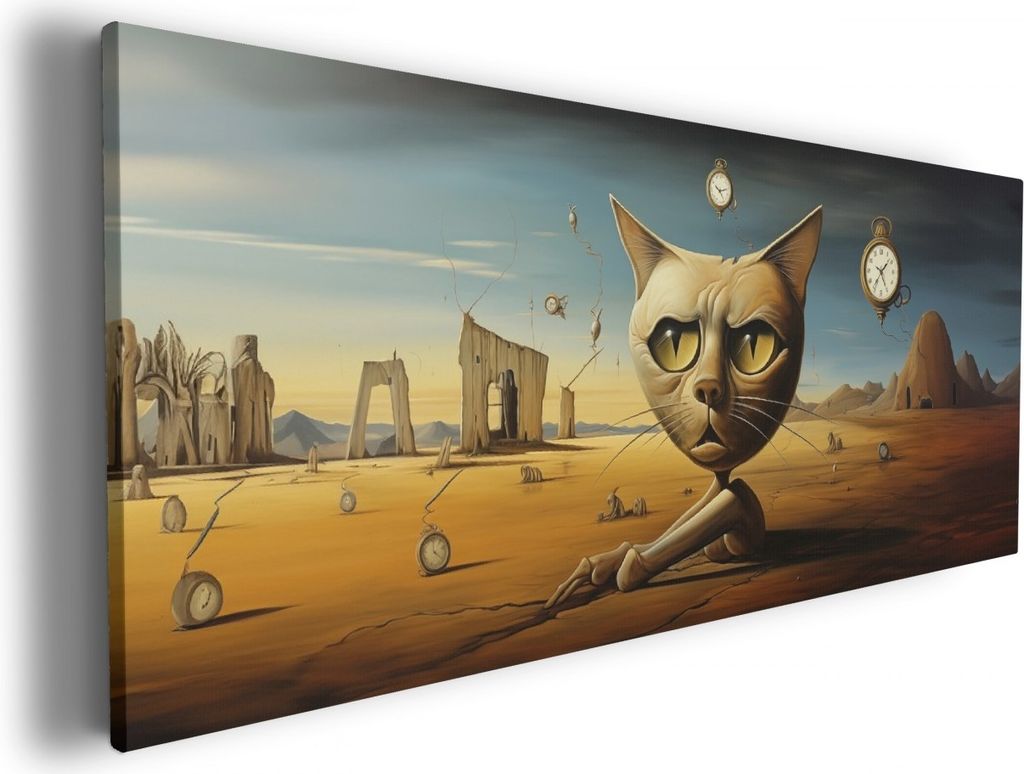 Wallario Premium Leinwandbild Katze als Zeitwächter in Größe 80 x 200 cm