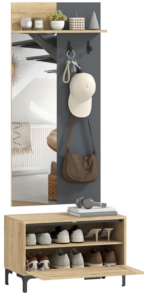 Garderobenset für Eingangsbereich, Schuhbank, Spiegel, 3 Haken, Offenes Regal, Flurmöbel, Naturholz+Grau, 60,0x13,5x127,5 cm