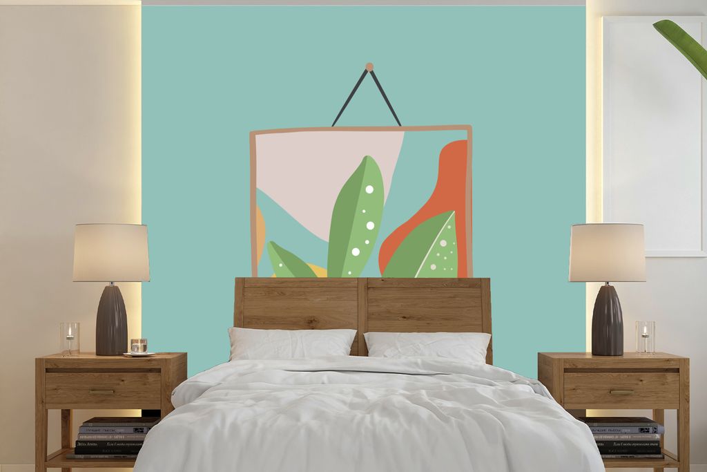 MuchoWow Fototapete für Wohnzimmer oder Schlafzimmer Wandtapete Vinyl Motivtapete Blätter - Pflanze - Rahmen - Farben - 300x300 cm - Wanddekora...