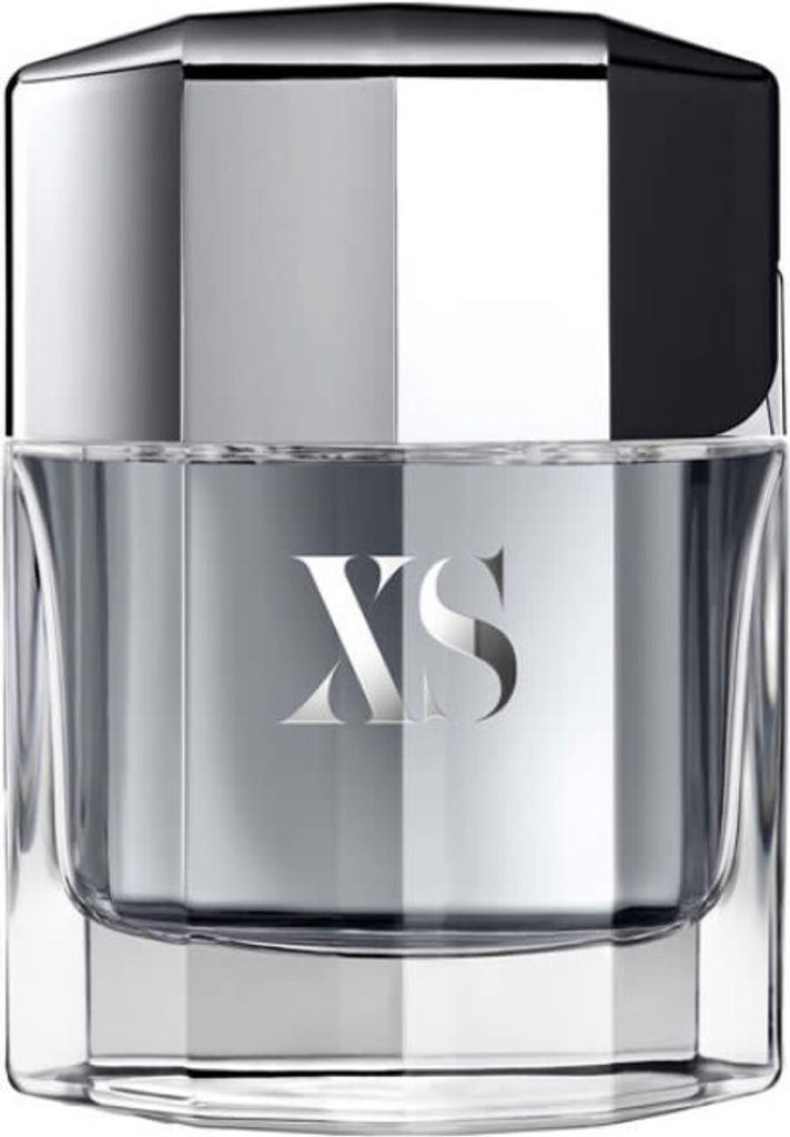 A close-up studio shot of a Paco Rabanne XS Eau de Toilette bottle.