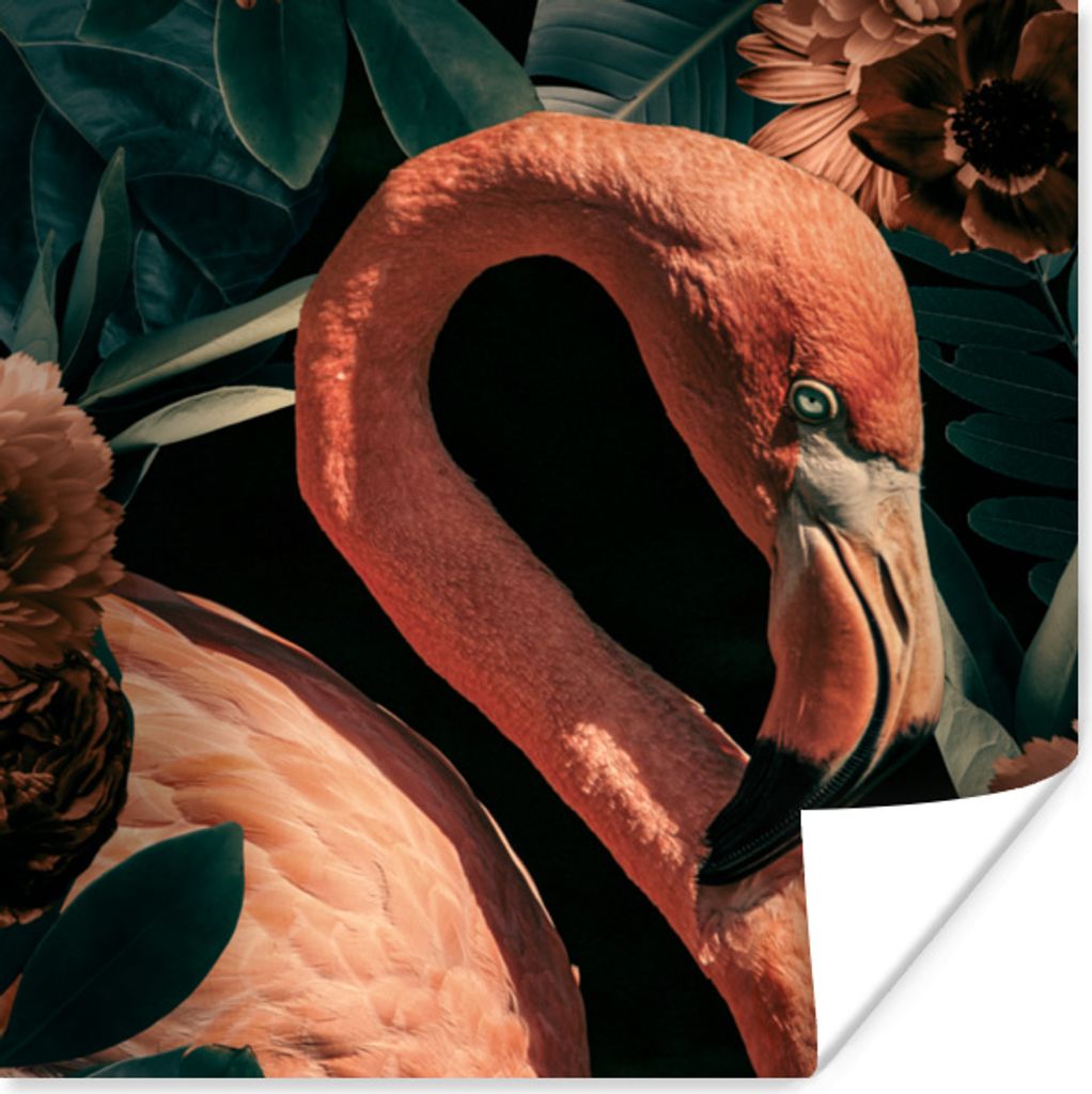 MuchoWow Poster Flamingo - Blumen - Licht - Blätter 50x50 cm - Wohnzimmerdekoration