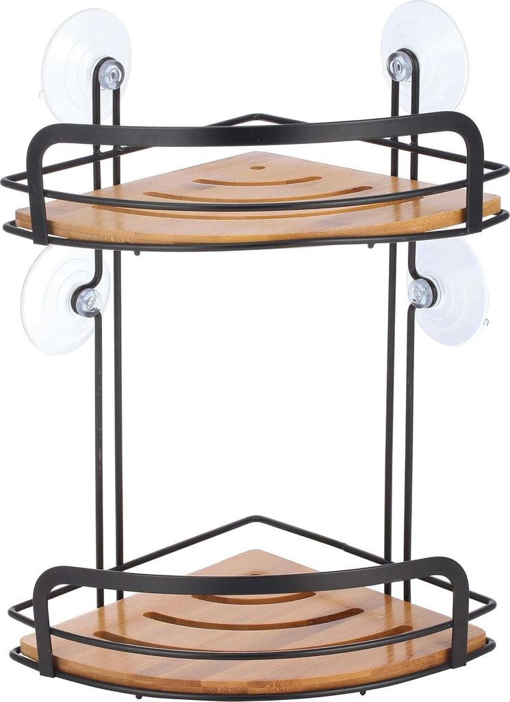 Eck-Duschregal ohne Bohren - Saugnäpfe - Stahl Bambus - 31x21x21cm - Matt Schwarz