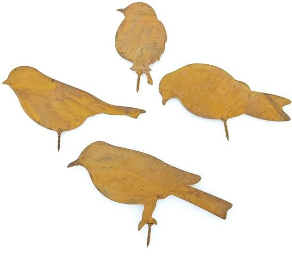 4 Oiseaux en Métal Patiné Gris avec Vis pour Clôture et Déco de Jardin