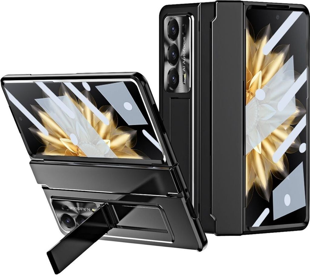 A black foldable phone case with a kickstand is shown in two configurations: closed and partially open.