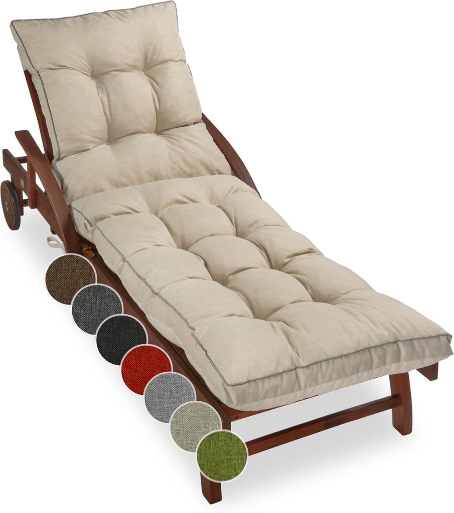 A chaise lounge cushion in ecru color, displayed on a wooden chaise lounge. Several color swatches are shown on the left side of the image.