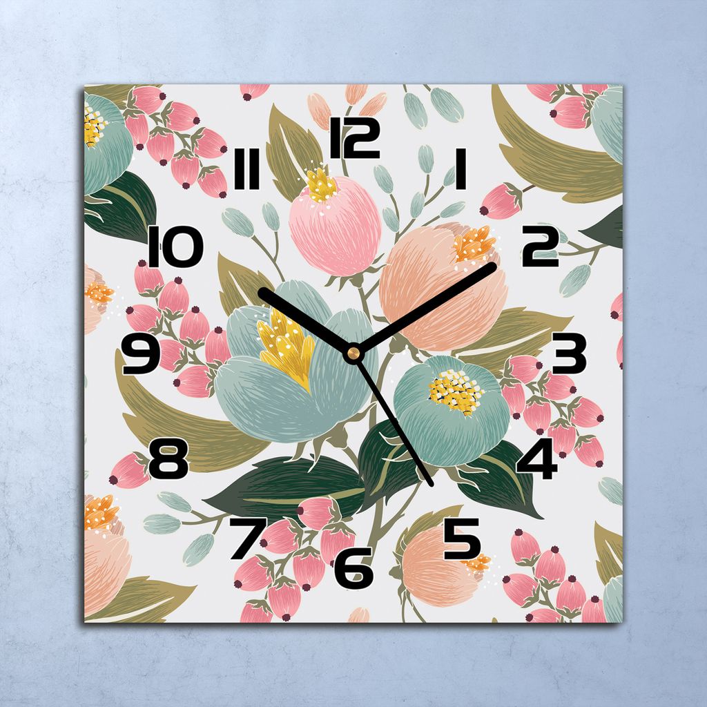 Wanduhr Echt-Glas-Küchenuhr Vintage Blumen Quarz Lautlos 30x30 Deko Bilder