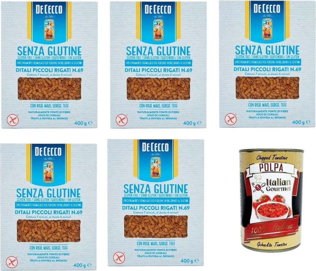 De Cecco Ditali Piccoli Rigati senza Glutine No. 23, Glutenfrei,100% Italienisch Pasta Nudeln gluten free 5x 400G + Italian Gourmet polpa 400g