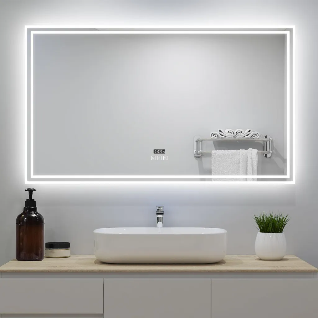 Miroir LED Dimmable 80x60 cm Anti-buée avec Horloge et Bluetooth