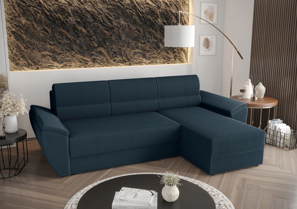 BEDANTE Ecksofa L REBI L2 Poso 05 Dunkelblau Rechts mit Schlaffunktion L-Form, Sofa mit Stauraum, Bettkasten, Wohnzimmersofa, Couch, Sofa, Bettsofa