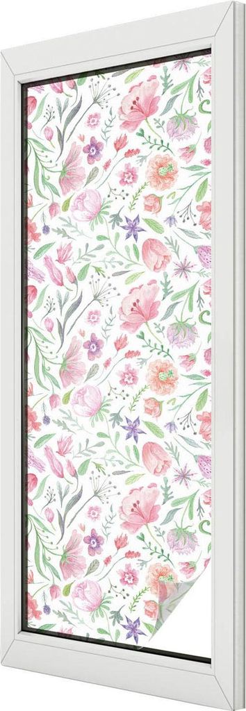 Buntglas Fensterfolie – 146x50 cm – Stained-Glass Design – blickdichte dekorative Sichtschutzfolie – selbstklebend, UV-Schutz – Blumenmuster