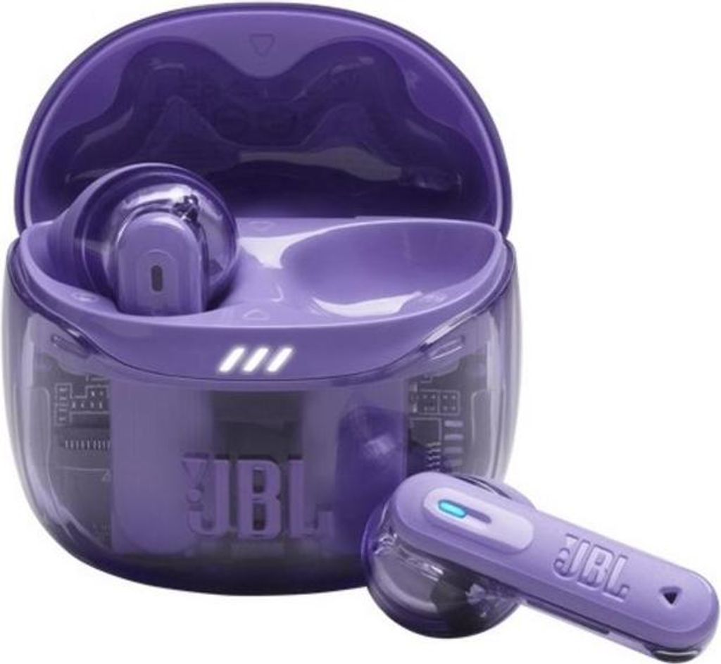 A pair of purple JBL Tune Flex 2 Ghost Edition true wireless earbuds with their charging case.