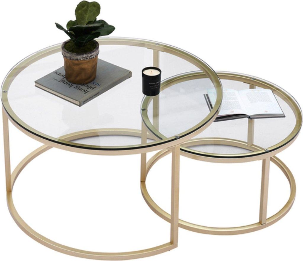 Happyment Moderne Couchtisch - 2er set - Landhausstil - Wohnzimmer - Rund - Glas Gold - 80 und 60cm