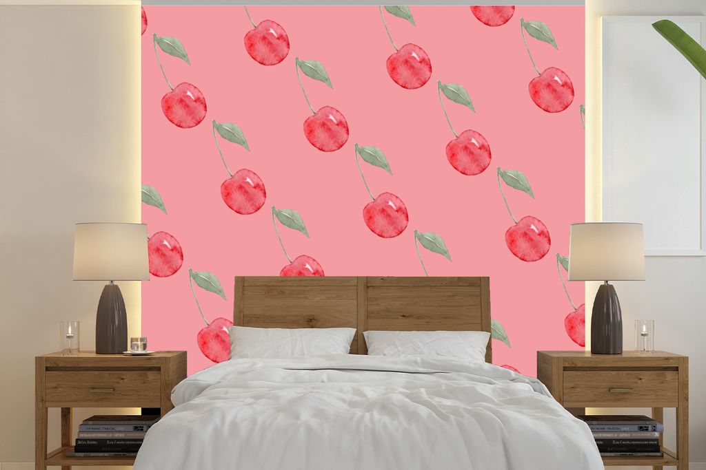 MuchoWow Fototapete für Wohnzimmer oder Schlafzimmer Wandtapete Vinyl Motivtapete Kirschen - Aquarell - Rosa - 350x350 cm - Schlafzimmertapete