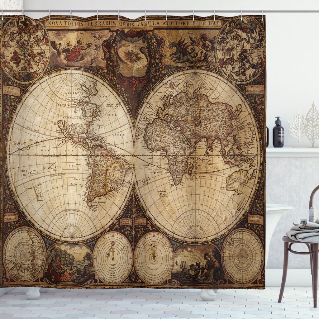ABAKUHAUS Weltkarte Duschvorhang, Historische alte Atlas, Wasser Blickdicht inkl.12 Ringe Langhaltig Bakterie und Schimmel Resistent, 175 x 200 cm,...