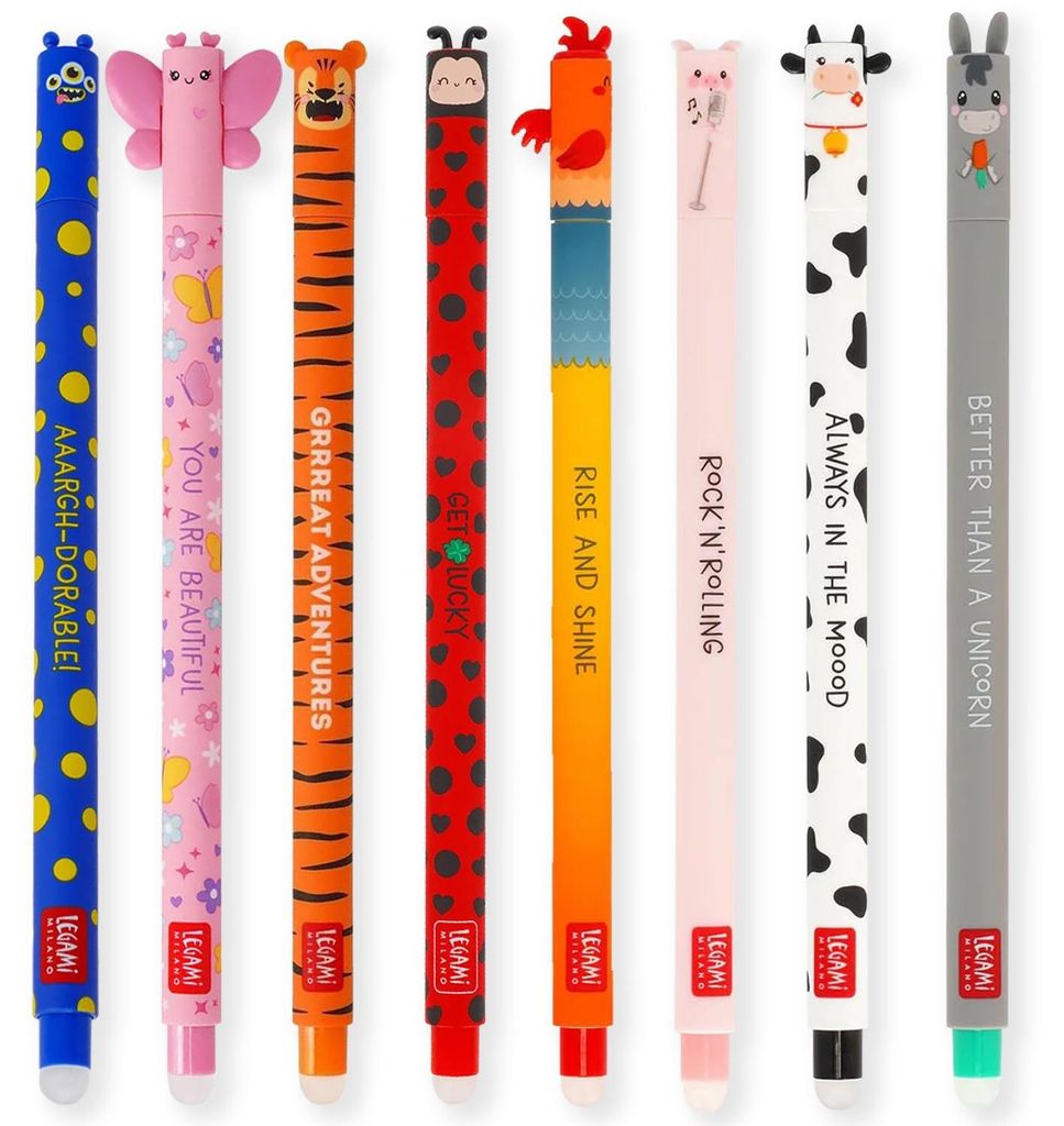 LEGAMI Set mit 8 radierbaren Gelstiften mit thermoempfindlicher Radiertinte, verschiedene Tintenfarben und Schaftdesigns, 0,7 mm Spitze, Marienkäf...