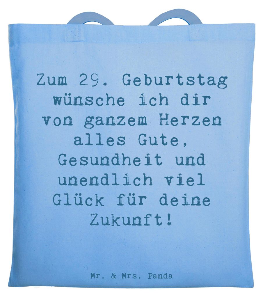 Mr. & Mrs. Panda Jutebeutel Spruch 29. Geburtstag Wünsche - Sky Blue - Geschenk, Büchertasche, feiern, Laptoptasche, liebe Grüße, Tasche, alles...