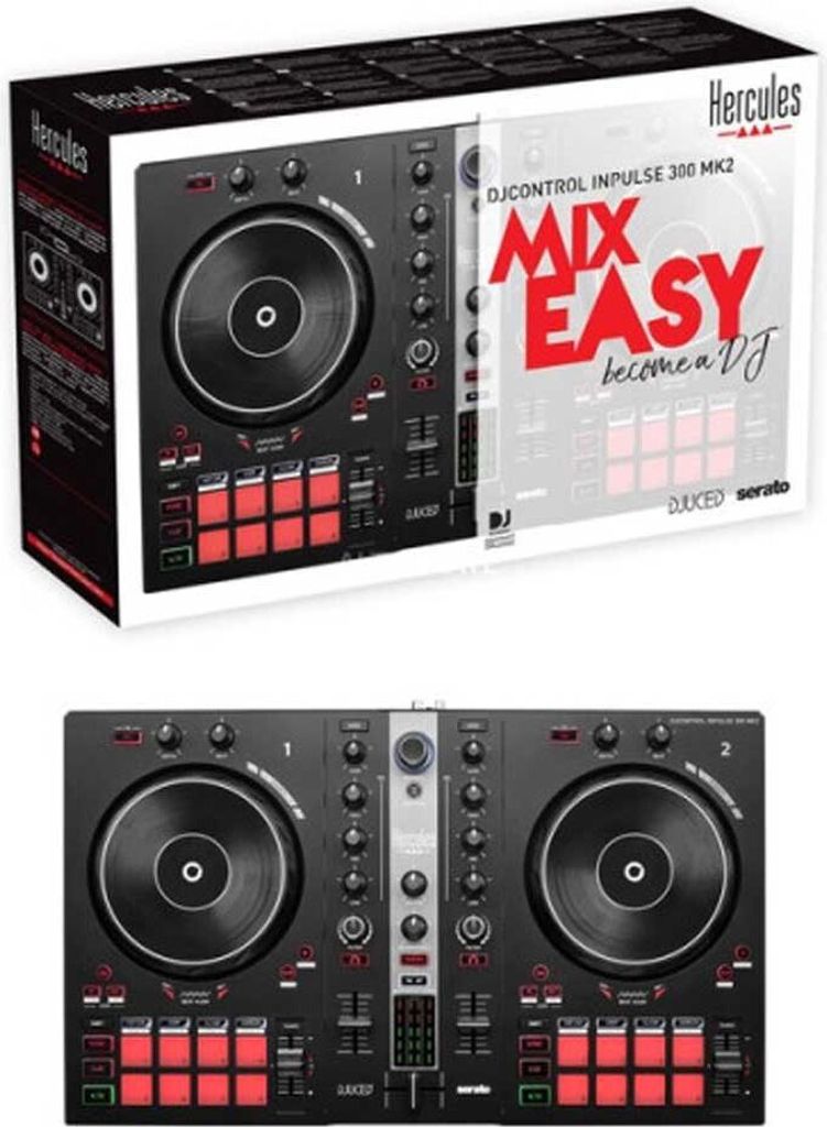 A product box for a Hercules DJ controller, with a clear view of the controller itself on the front.