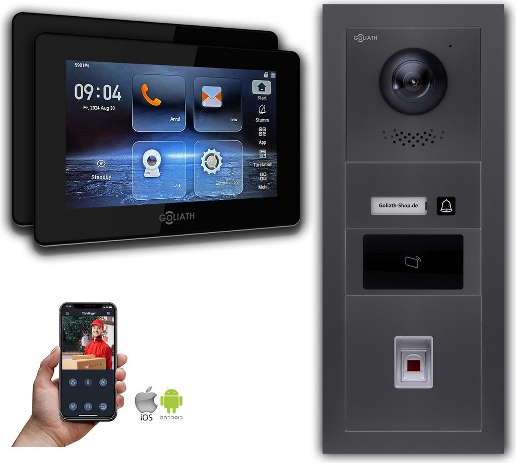 Goliath IP Video Türsprechanlage mit Kamera 7-Zoll Fingerprint RFID Anthrazit : Unterputzdose : 7 Zoll in Schwarz : 2 Monitore Anzahl: 2 Monitore ...