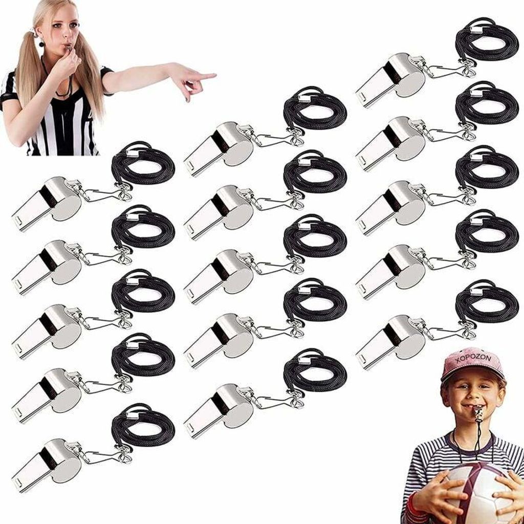 Set mit 15 Sportpfeifen aus Edelstahl, Metallpfeife mit Rolle, Schiedsrichterpfeife mit Trageband, kraftvolle und klare Pfeifen für Sportarten wie...