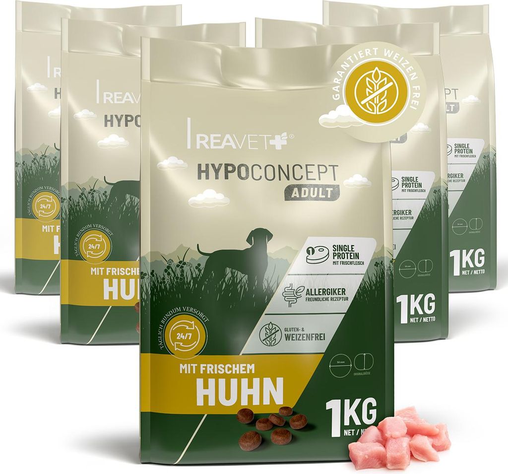 REAVET HYPOCONCEPT Hundetrockenfutter Huhn 5kg – Single-Protein mit Frischfleisch | Weizenfrei & ohne Zucker | Trockenfutter Adult für alle Hund...