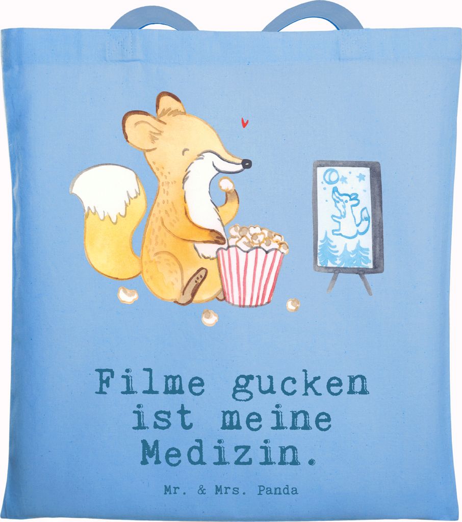 Mr. & Mrs. Panda Tote Bag Fuchs Filme gucken - Sky Blue - Geschenk, Schultasche, Filmabend, Kino, einkaufsshopper, Laptoptasche, TV, Tasche, Beutel...
