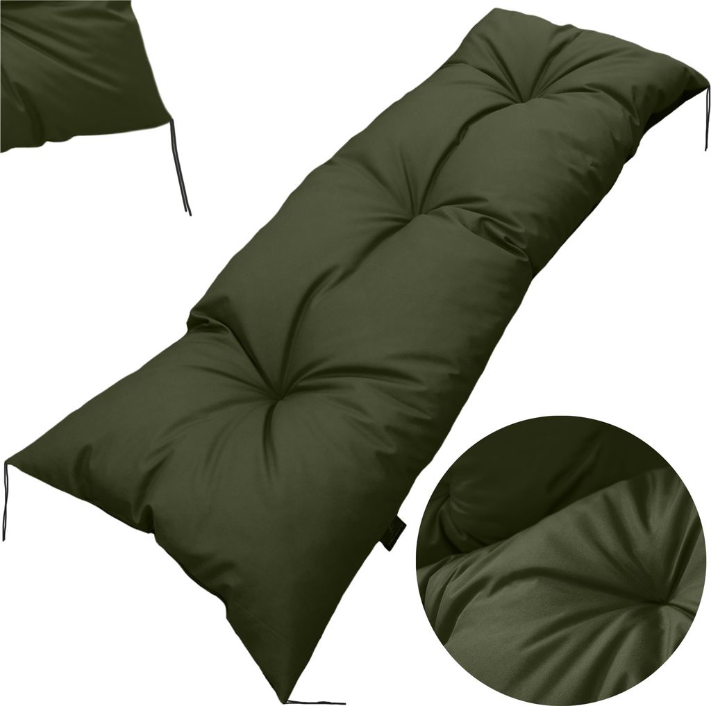 A long, green cushion is shown against a white background. A close-up inset shows the texture of the cushion.