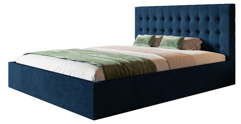 Bett Rio 90x200, Bettkasten und Metallrahmen, Kronos-Stoff, Blau