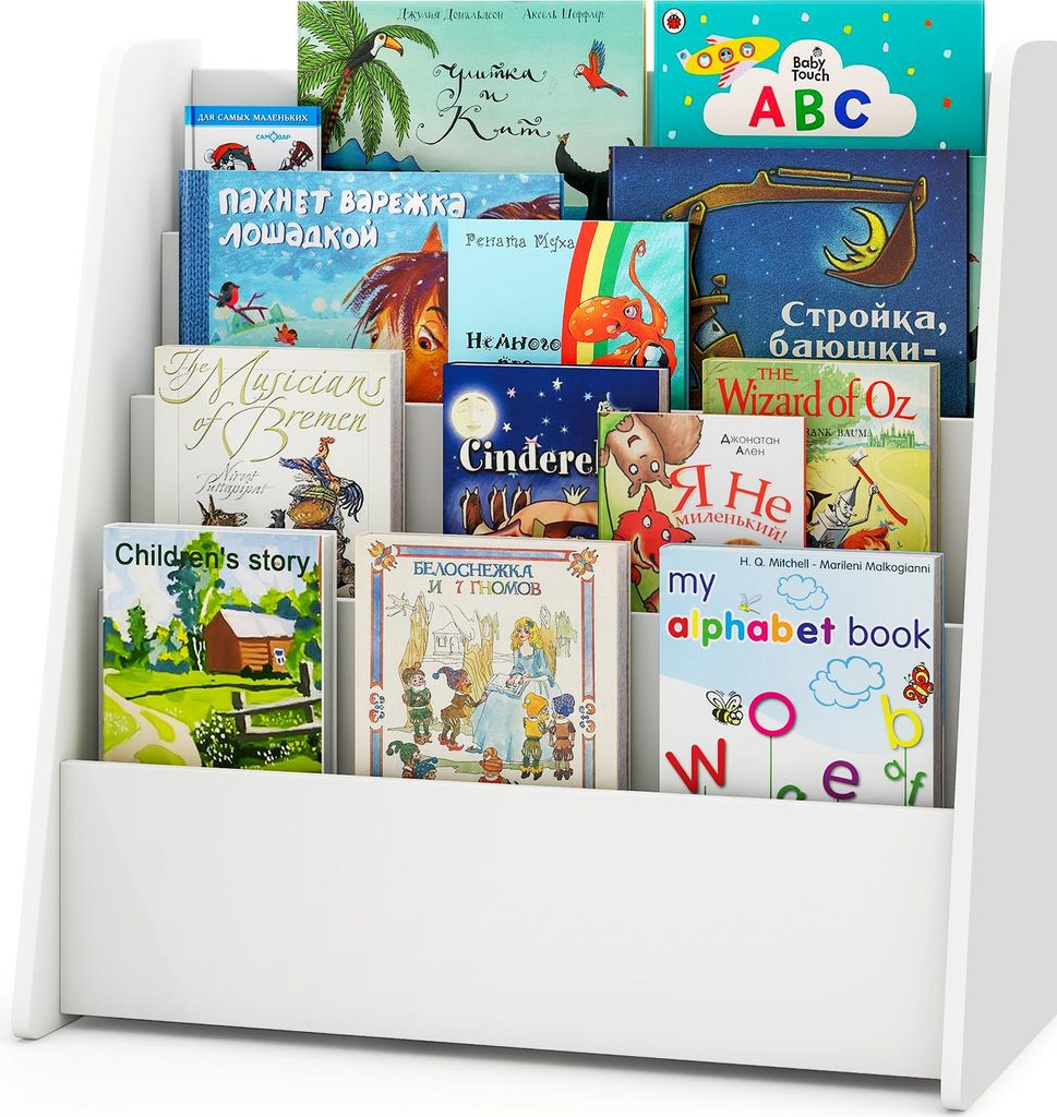 DREAMADE 4-stöckiges Kinderbücherregal aus Holz, Kinderregal mit rutschfesten Füßen & pflegeleichter Oberfläche, Holzregal (Weiß)